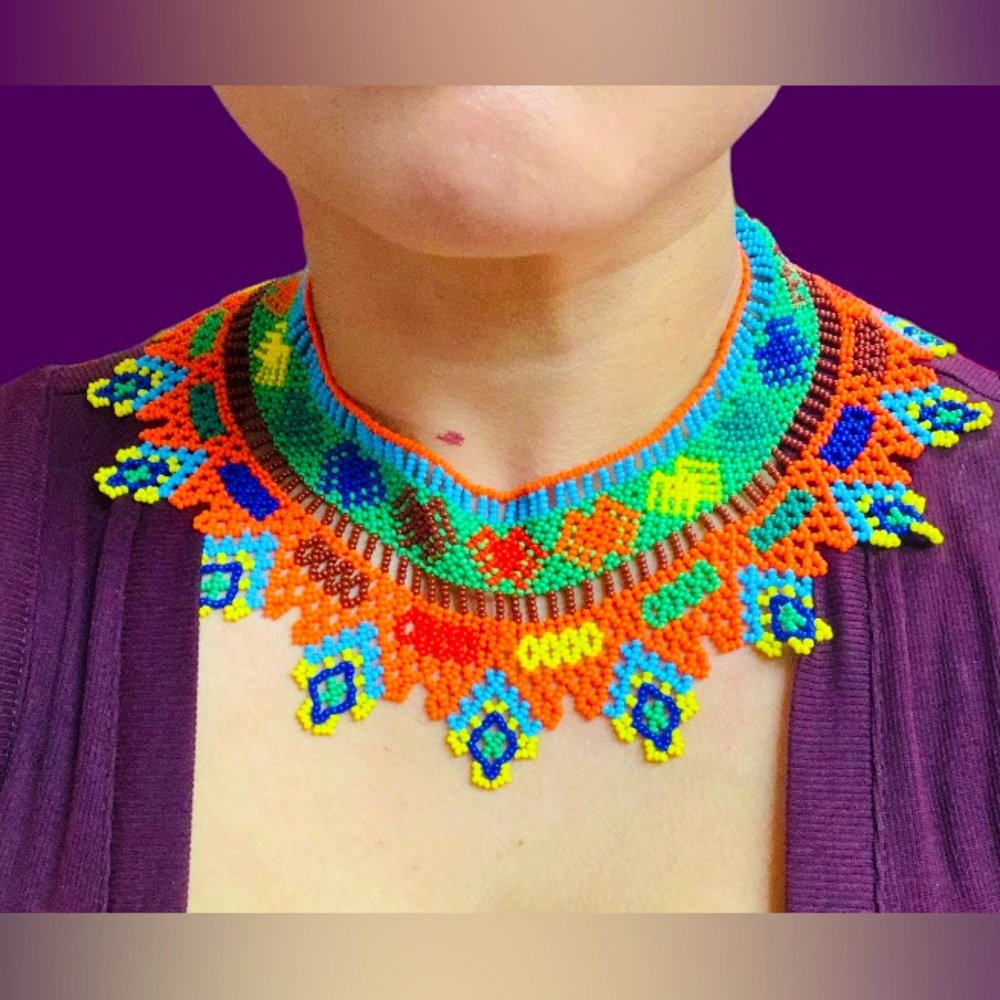 Party Necklace Huichol Art Egyptian Style Multicolor
